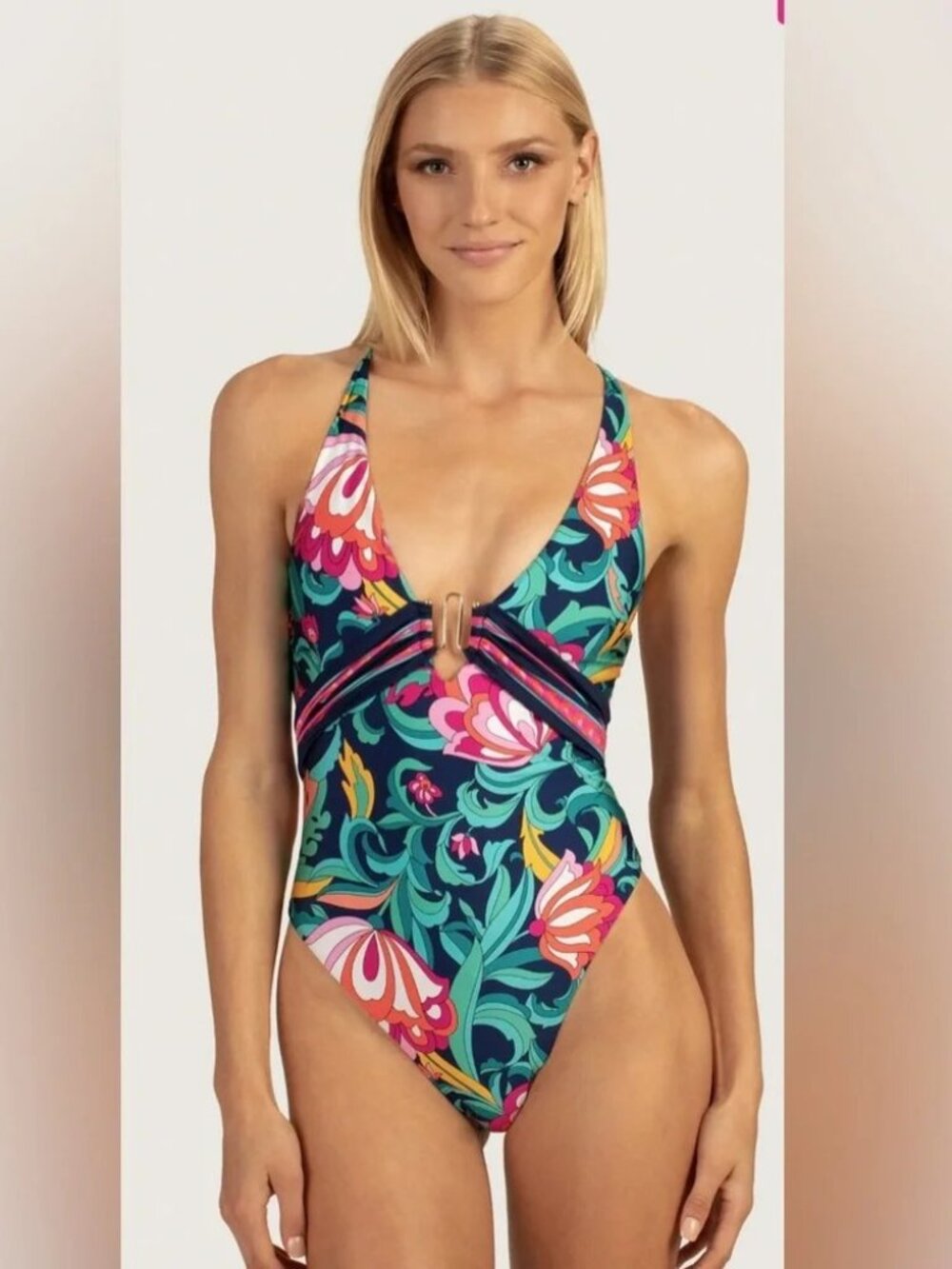 Trina Turk India Garden Plunge 1pc Vibrant Swimsuit Sz 8 (T-3)